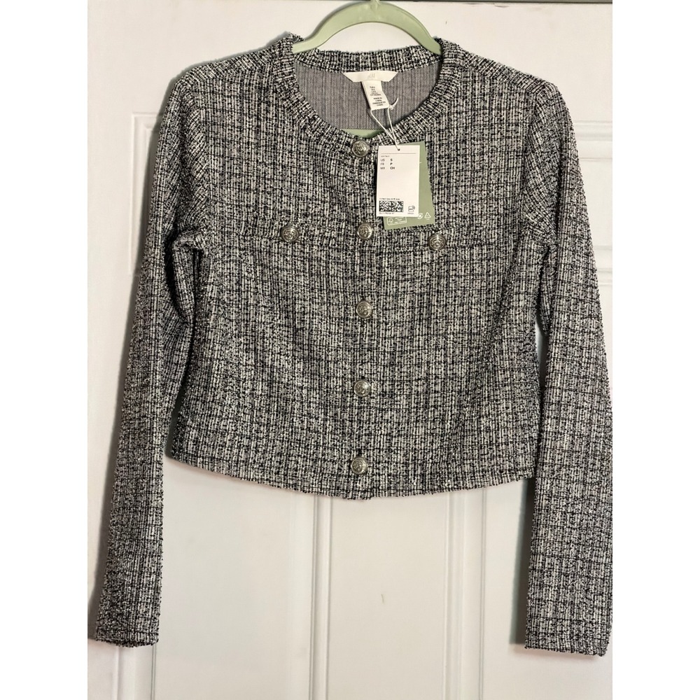 HM Women Black White Textured Weave Cropped Tweed Jacket Silver Crest Button S